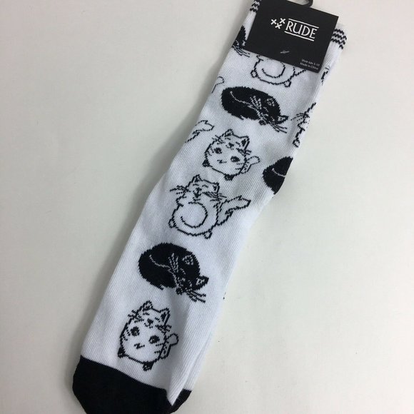 Rude Cat Womens Crew Socks Hot Topic Black White Meow Cats Kittens Kitty Fun New - Picture 10 of 12